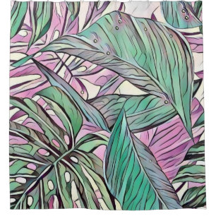 Colourful green pink tropical leaves pop art