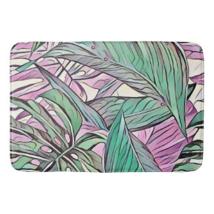 Colourful green pink tropical leaves pop art bath mat
