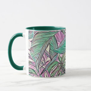 Colourful green pink tropical leaves pop art mug