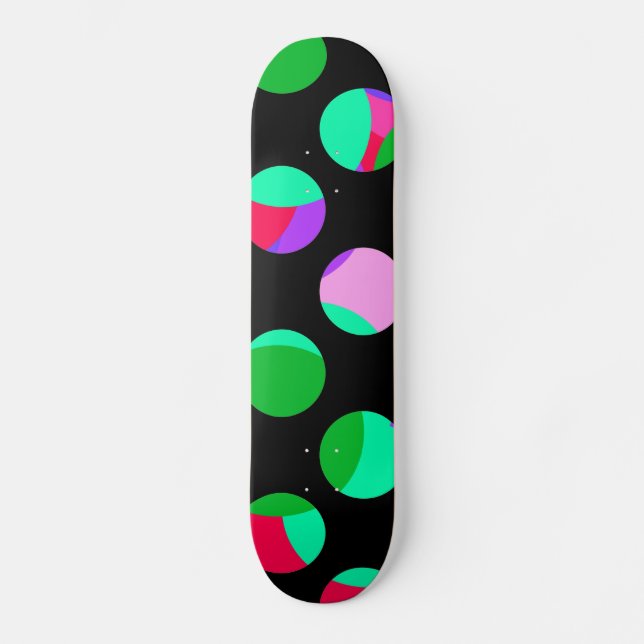 Colourful green purple circles on black skateboard (Front)