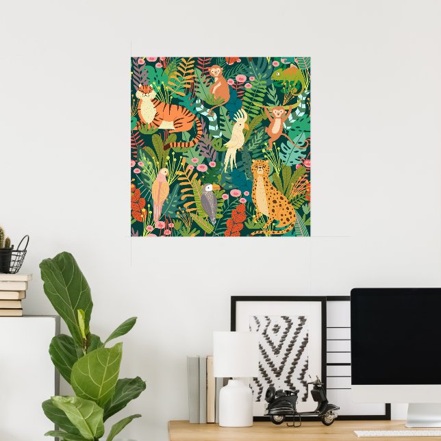 Colourful greenery jungle l Watercolor wild animal Poster (Home Office)