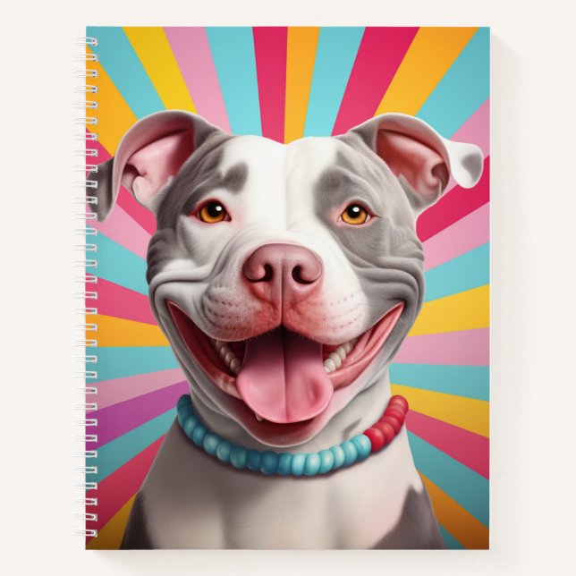Colourful Grey and White Playful Pit Bull Notebook (Front)