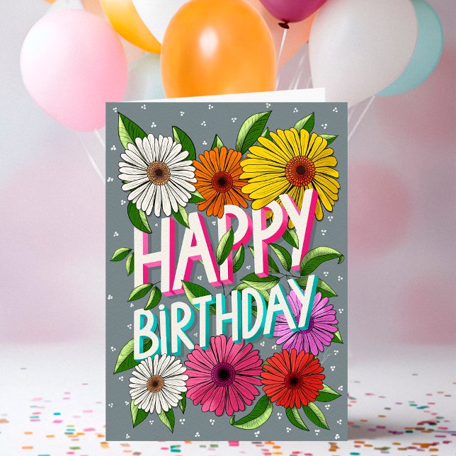 Colourful Grey Floral Personalized Happy Birthday Card (Creator Uploaded)