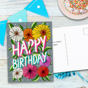 Colourful Grey Floral Personalized Happy Birthday Postcard