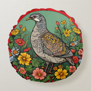 Colourful Grey partridge Artistic Wildlife Bird Round Pillow