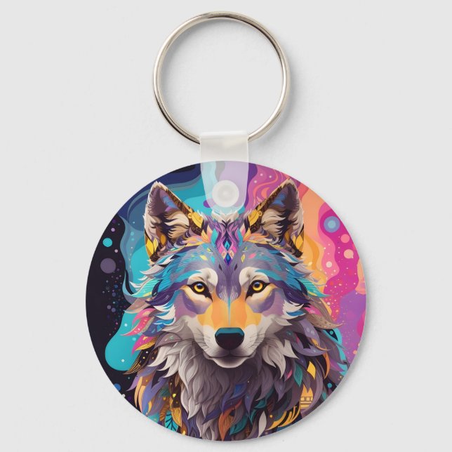 Colourful Grey Wolf Neon Colours Keychain (Front)