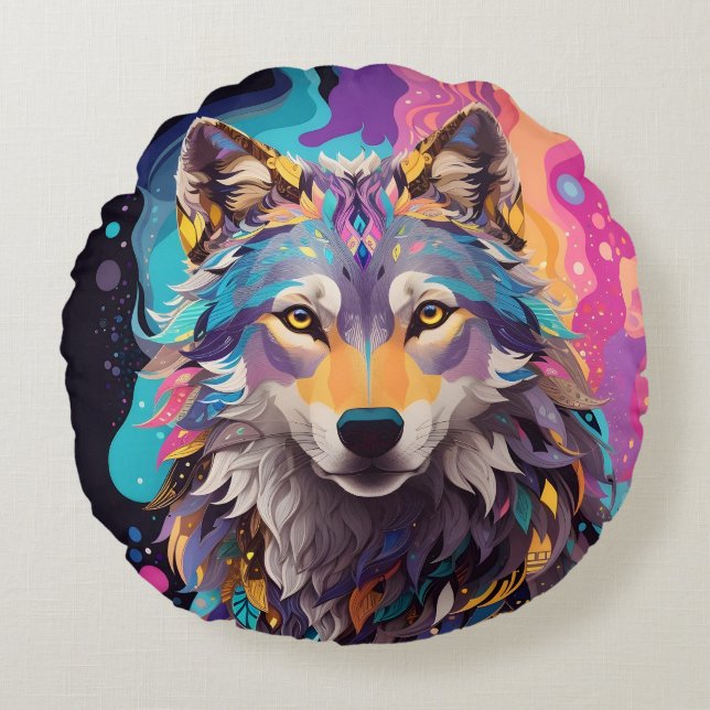 Colourful Grey Wolf Neon Colours Round Pillow (Front)