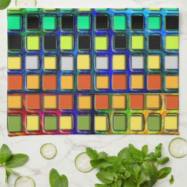 Colourful Grid-Tiled by Shirley Taylor Kitchen Towel (Folded)