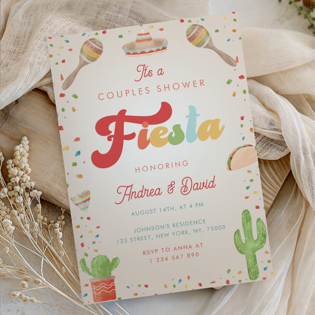 Colourful Groovy 70s Fiesta Mexican Couples Shower Invitation (Creator Uploaded)