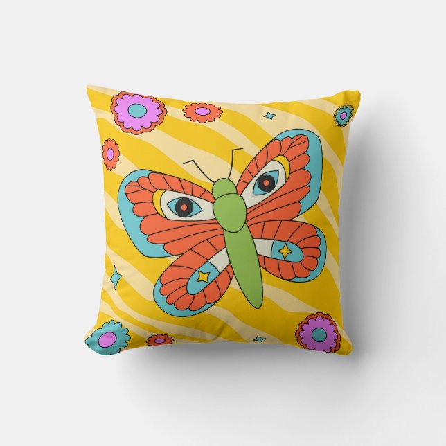 Colourful Groovy Butterfly and Daisies Throw Pillow (Front)