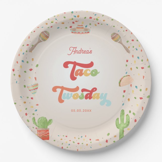 Colourful Groovy Fiesta 2nd Birthday Taco Twosday Paper Plate (Front)