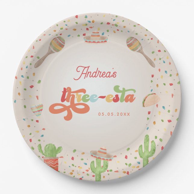 Colourful Groovy Fiesta 3rd Birthday Three-esta Paper Plate (Front)