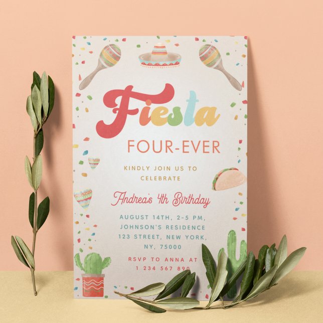 Colourful Groovy Fiesta 4th Birthday Four-ever Invitation (Creator Uploaded)