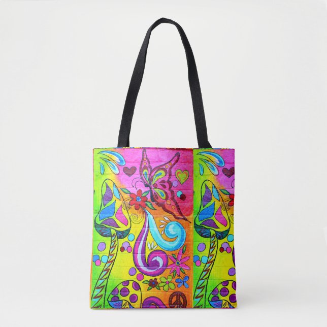 colourful groovy magic mushrooms tote bag (Front)