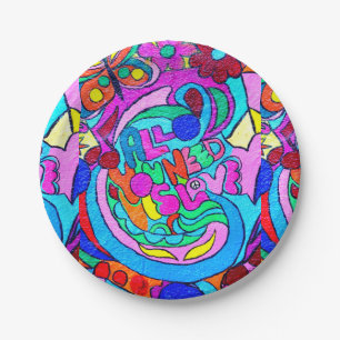colourful groovy peace and love paper plate