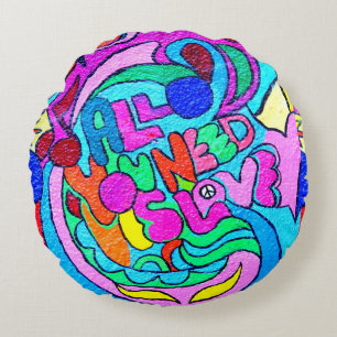 colourful groovy peace and love round pillow