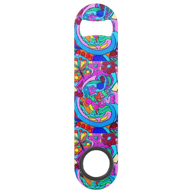 colourful groovy peace and love speed bottle opener (Front)