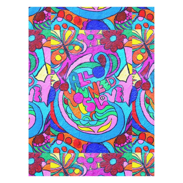 colourful groovy peace and love tablecloth (Front)