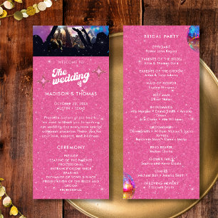 Colourful Groovy Pink Glitter Disco Ball Wedding Program