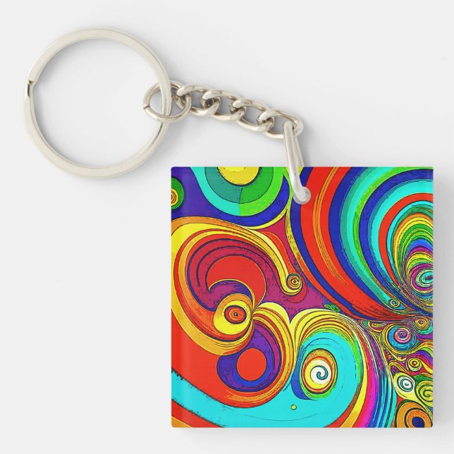 Colourful Groovy Rainbow Swirls Keychain (Front)