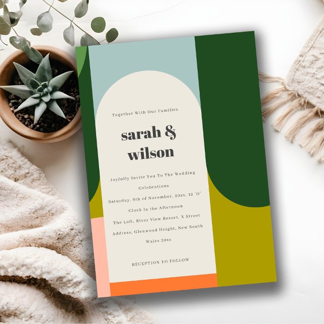 Colourful Groovy Retro Arch Abstract Bold Wedding Invitation (Creator Uploaded)