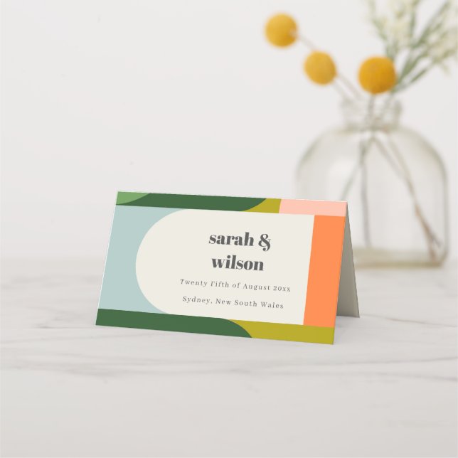 Colourful Groovy Retro Arch Abstract Bold Wedding Place Card (Front)