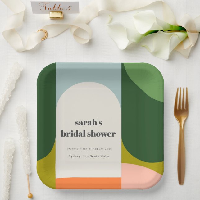 Colourful Groovy Retro Arch Abstract Bridal Shower Paper Plate (Wedding)