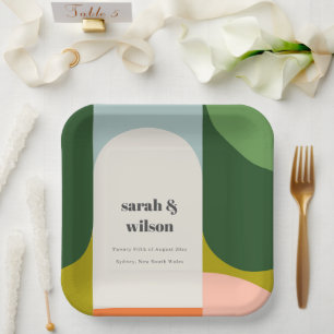 Colourful Groovy Retro Arch Bold Abstract Wedding Paper Plate