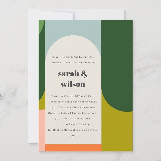 Colourful Groovy Retro Arch Bold Rehearsal Dinner Invitation (Front)