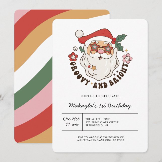Colourful Groovy Retro Christmas Birthday  Invitation (Front/Back)