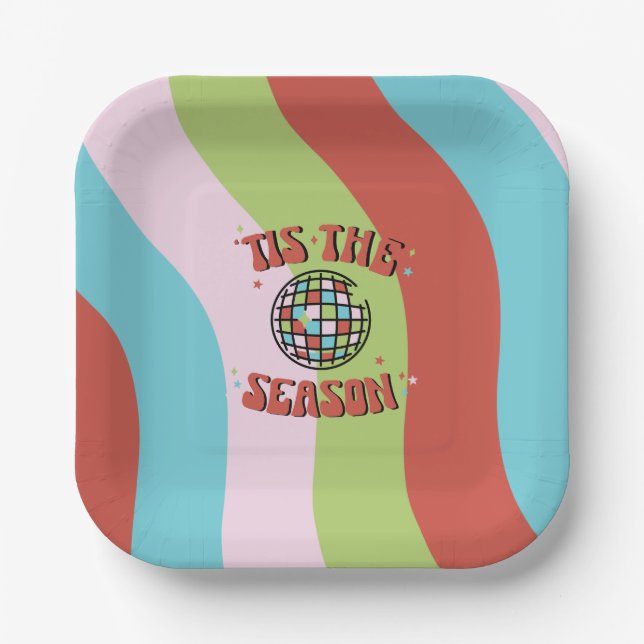 Colourful Groovy Retro Disco Christmas Party Paper Paper Plate (Front)