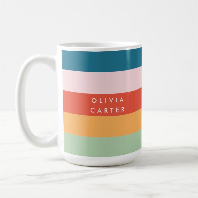 Colourful Groovy Retro Horizontal Stripe Name Coffee Mug (Left)