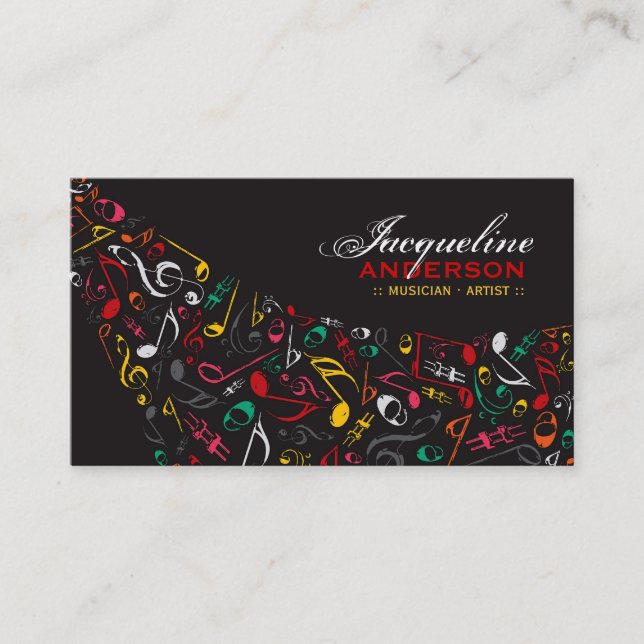 Colourful Grunge Musical Notes Flowing Song Artist Business Card (Front)