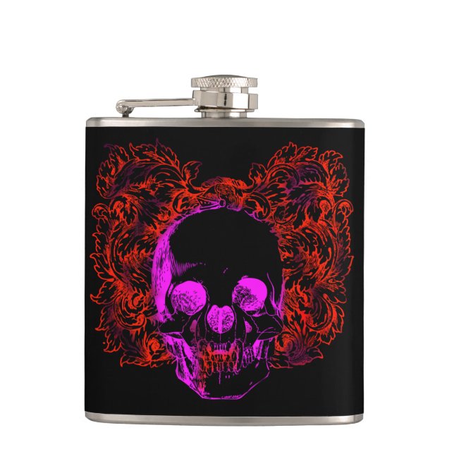 Colourful grunge style skull with floral hip flask (Front)