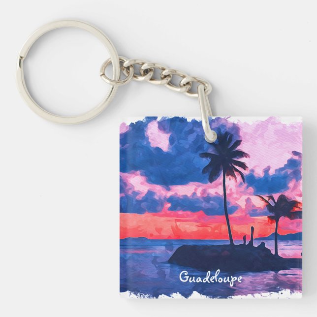 Colourful Guadeloupe Caribbean Island Watercolor Keychain (Front)