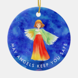 Colourful Guardian Angel Blessings Blue Watercolor Ceramic Ornament