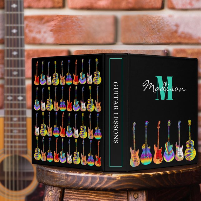 Colourful Guitar Art Pattern Name Binder (Guitar music lessons personalized monogram name binder for guitarist musician or music teacher )