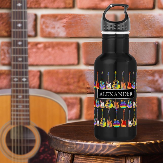 colourful guitar Pattern on Black add Name 532 Ml Water Bottle (Funky psychedelic guitar pattern on black personalized name water bottle for guitarist and musician)