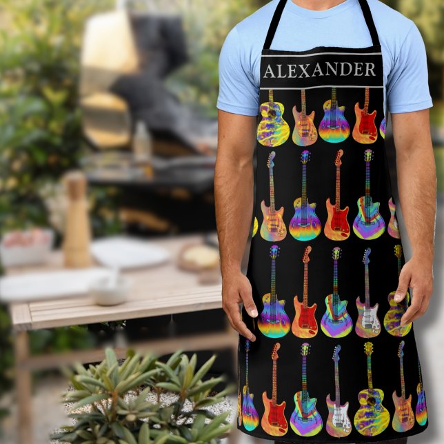 colourful guitar player personalized  apron (Personalized vibrant colorful guitar pattern monogram name apron personalized for him Guitar player)