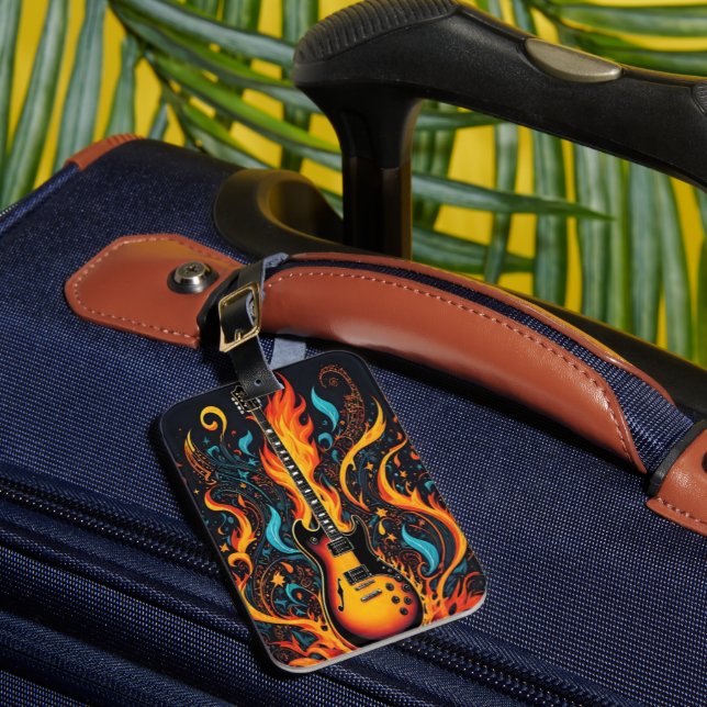 Colourful guitar with swirling flames luggage tag (Front Insitu 1)