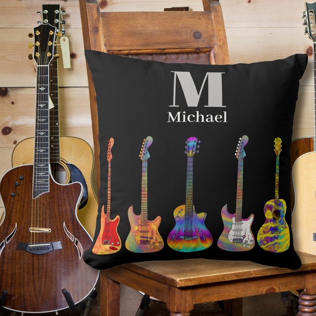 Colourful Guitars Monogram Black Throw Pillow (Colorful guitar pattern custom monogram black pillow for guitarists musicians music guitar teachers)