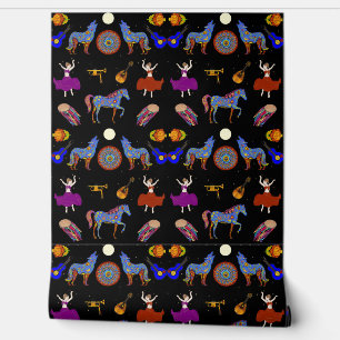 Colourful Gypsy Caravan Folk Art Wallpaper