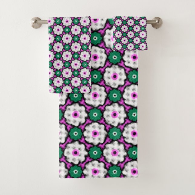 Colourful halftone flowers - pink and green bath towel set (Insitu)