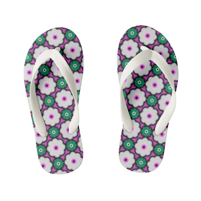 Colourful halftone flowers - pink and green kid's flip flops (Footbed)