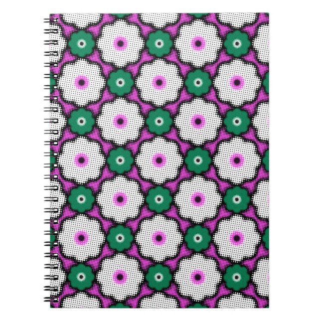 Colourful halftone flowers - pink and green notebook (Front)