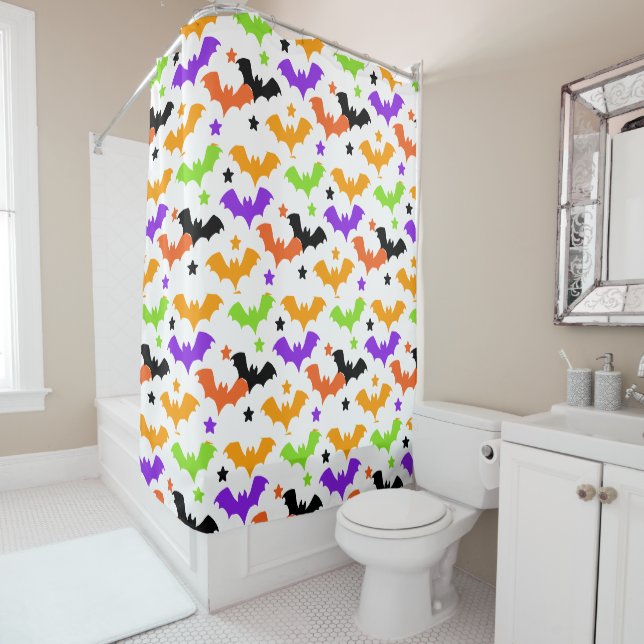Colourful Halloween Bats Shower Curtain (In Situ)
