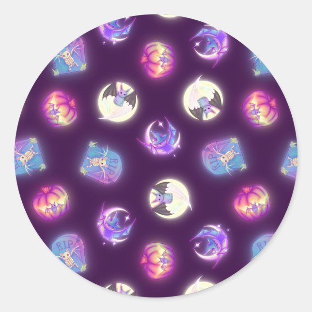 Colourful Halloween Cute Bats Drawing Pattern Classic Round Sticker (Front)