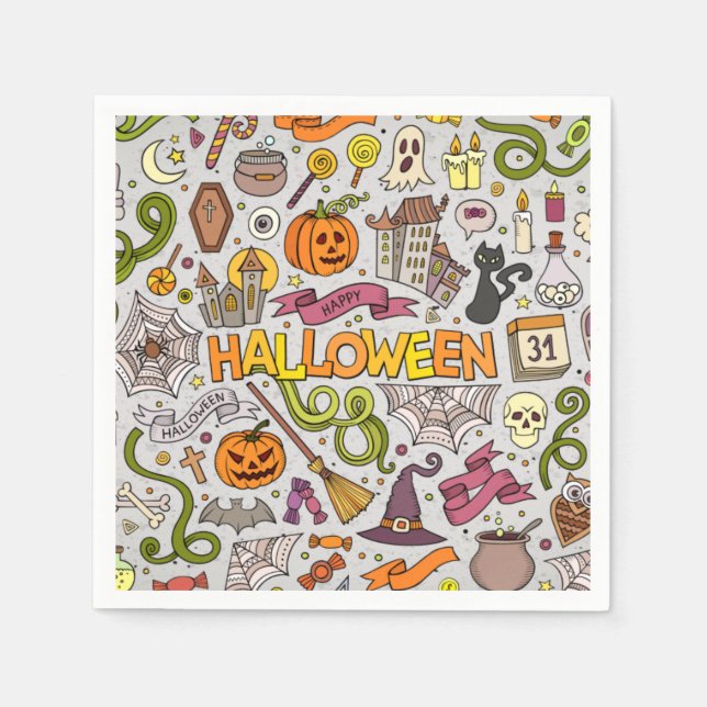 Colourful Halloween Doodles Objects Pattern Napkin (Front)