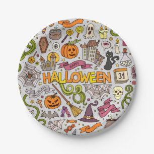 Colourful Halloween Doodles Objects Pattern Paper Plate