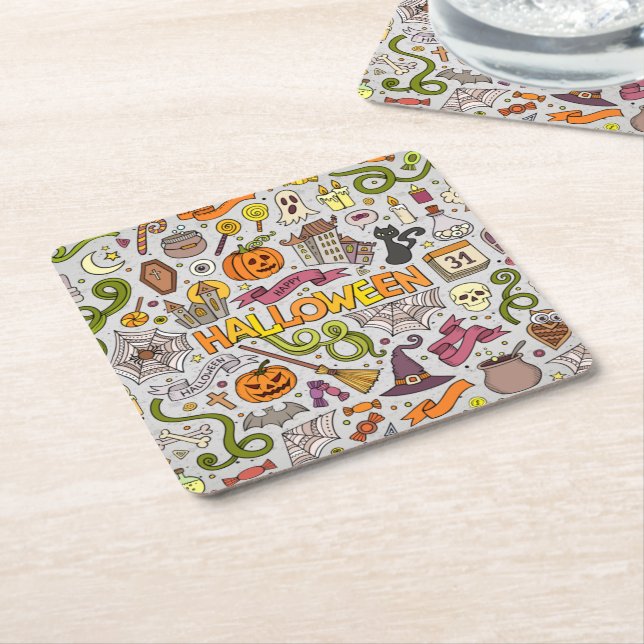 Colourful Halloween Doodles Objects Pattern Square Paper Coaster (Angled)